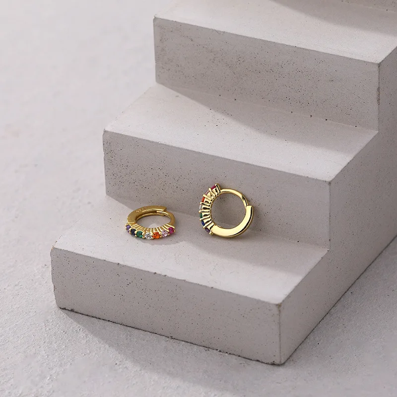 Wish Jewelry Ins Style Sterling Silver Colorful Zircon Hoop Earrings Ear Buckle Gold S925 Silver Rainbow CZ Clip on Earring for Ladies