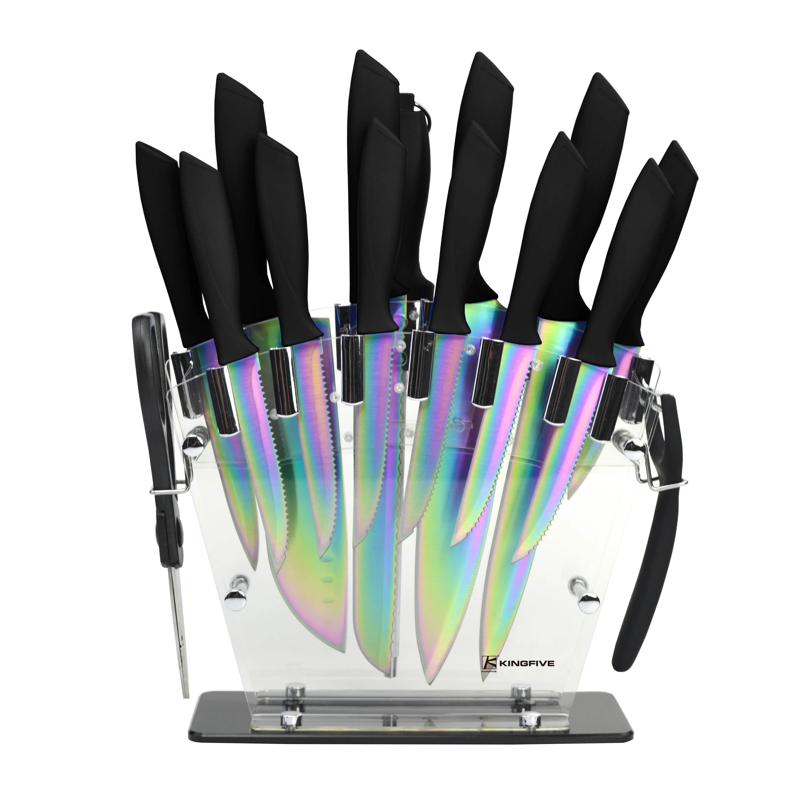 Brand new design professional knife set 4 pieces rose gold titanium plated kitchen with wood grain handle
