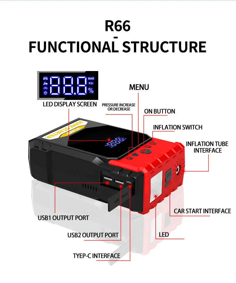 12 24 Volt Emergency Portable Jump Starter with Air Compressor 1000A Power Bank Tire Inflator Pump 12V Starting Device Car Boost