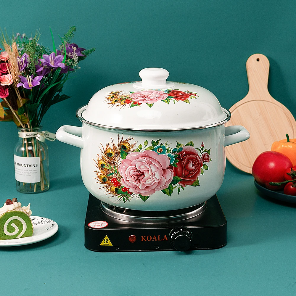 Peacock feathers and flowers bloom cast-iron enamel casserole enamel  pot set