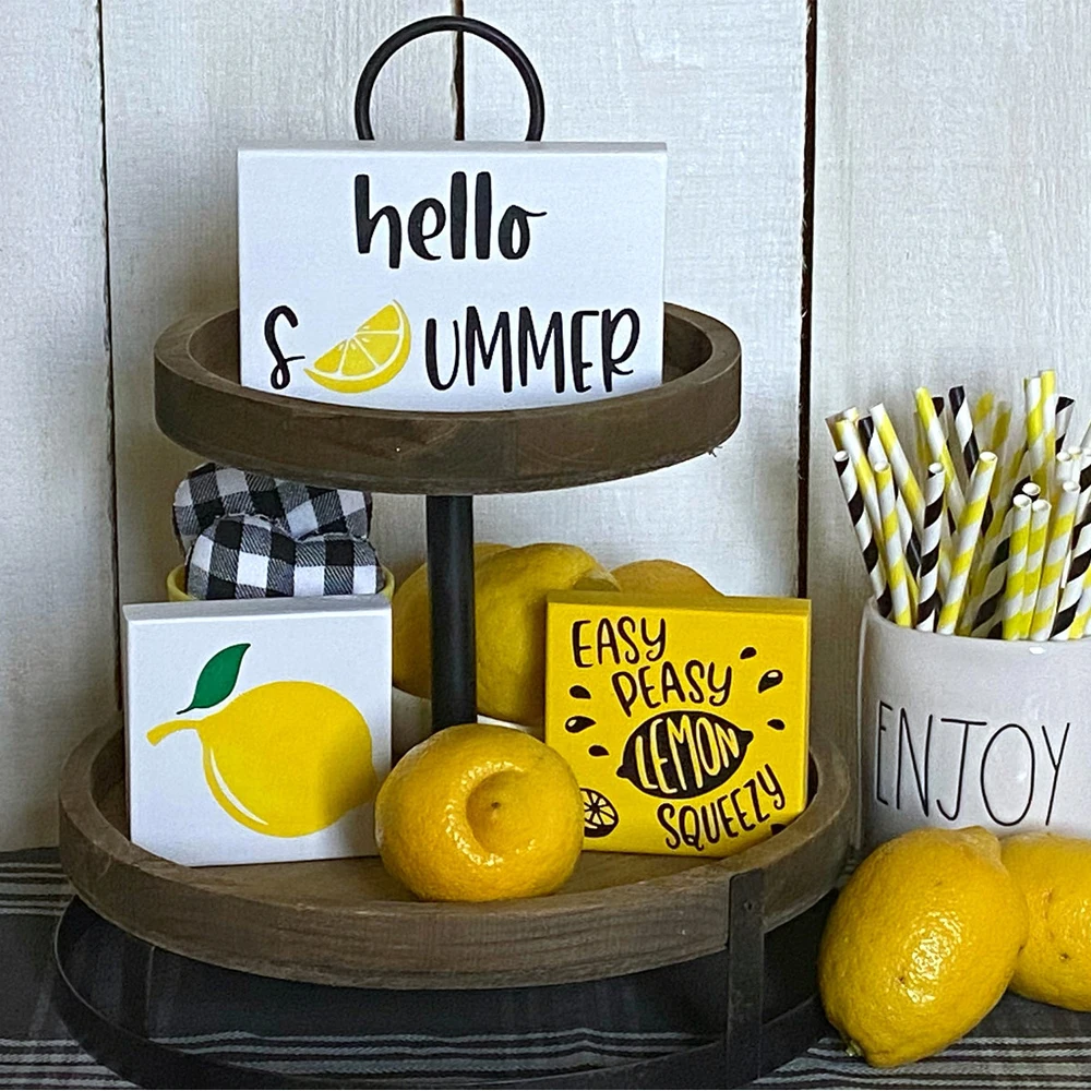Customized Hello Summer Tiered Tray Sign Set, Hand painted Lemon Wood Block Set, Farmhouse Summer Decor