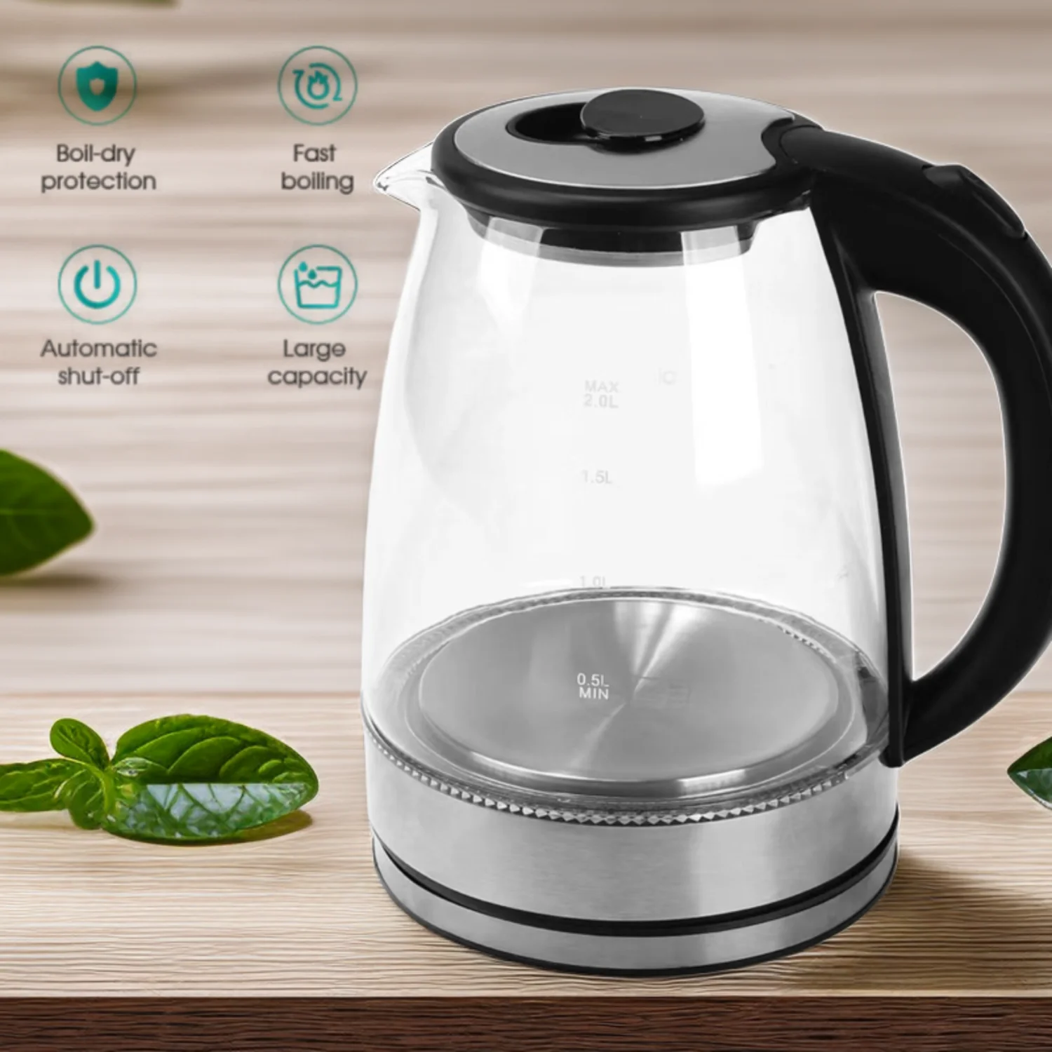 New trend Hot Sale Electric Kettle Glass Kettle great Sales High Quality 1.8L OEM Box Power Packing Plug Tea Maker Water Boiler