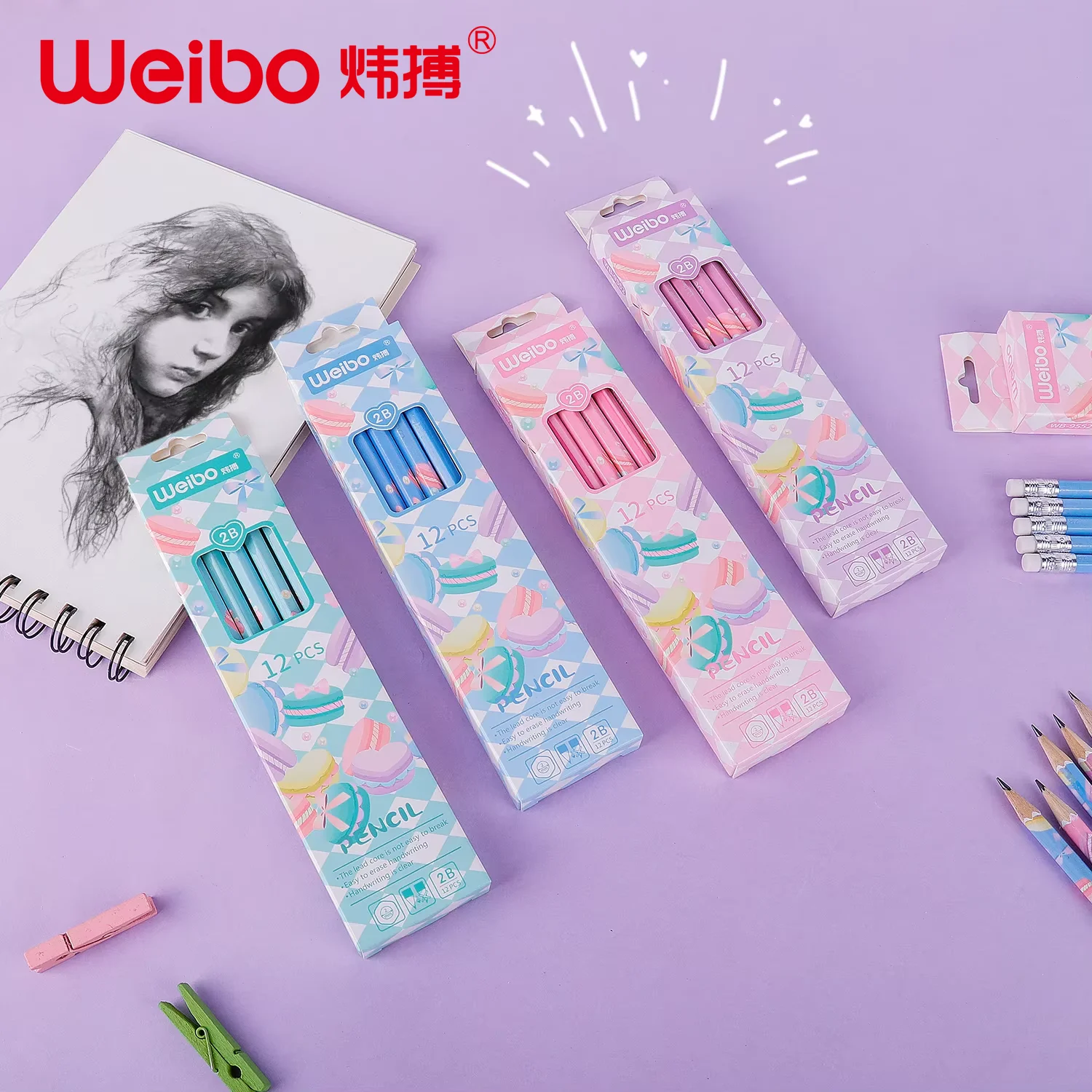 WEIBO Wholesale 2B Hexagon Cartoon Macarons Wooden Graphite Cute Pencils With Eraser For Drawing School Children Kid