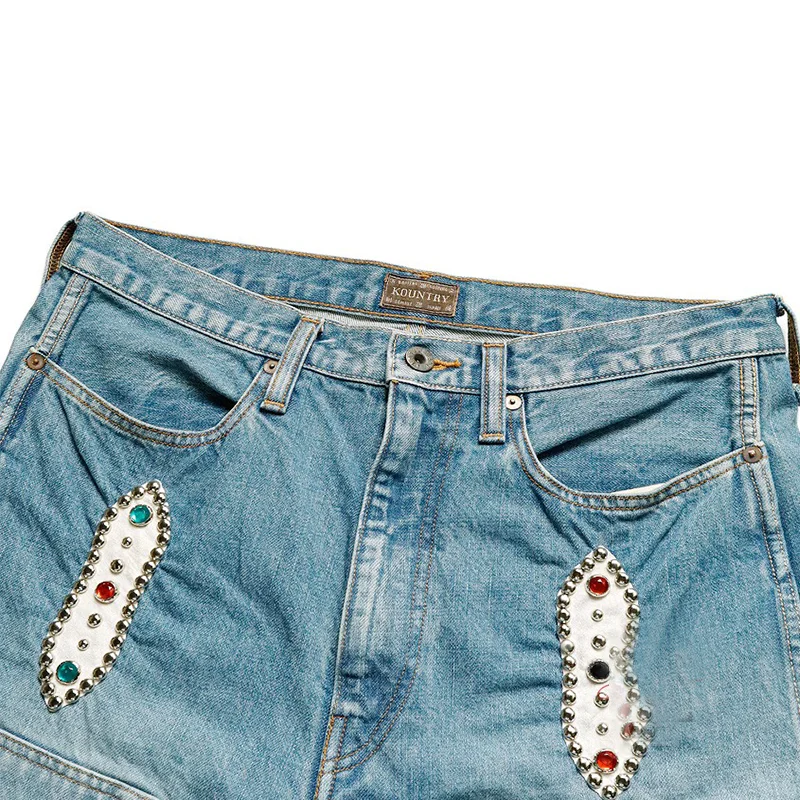 Custom Metal Stud Gem Men jeans Shorts Vintage Streetwear Rhinestone Denim Shorts Men