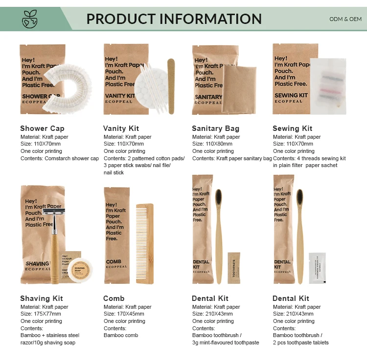 Luxury Eco Friendly Biodegradable Kraft Paper Hotel Guestroom Disposable Dry Amenities Dental Shaving Vanity Sewing Kit