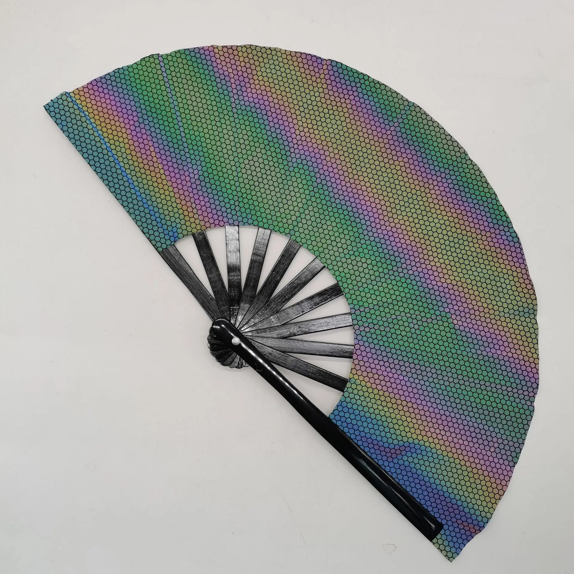 BSBH Cheap Price 33cm Holographic Large Bamboo Folding Clack Hand Fan For Men Women Hand-held EDM Rave Festival Gift Party Fans