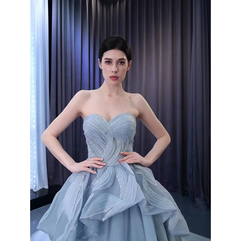Manufacturer Women Sleeveless Grey Blue Prom Dresses Alibaba Girls Beaded Ruffles Long Fancy Wedding Evening Party Ball Gown