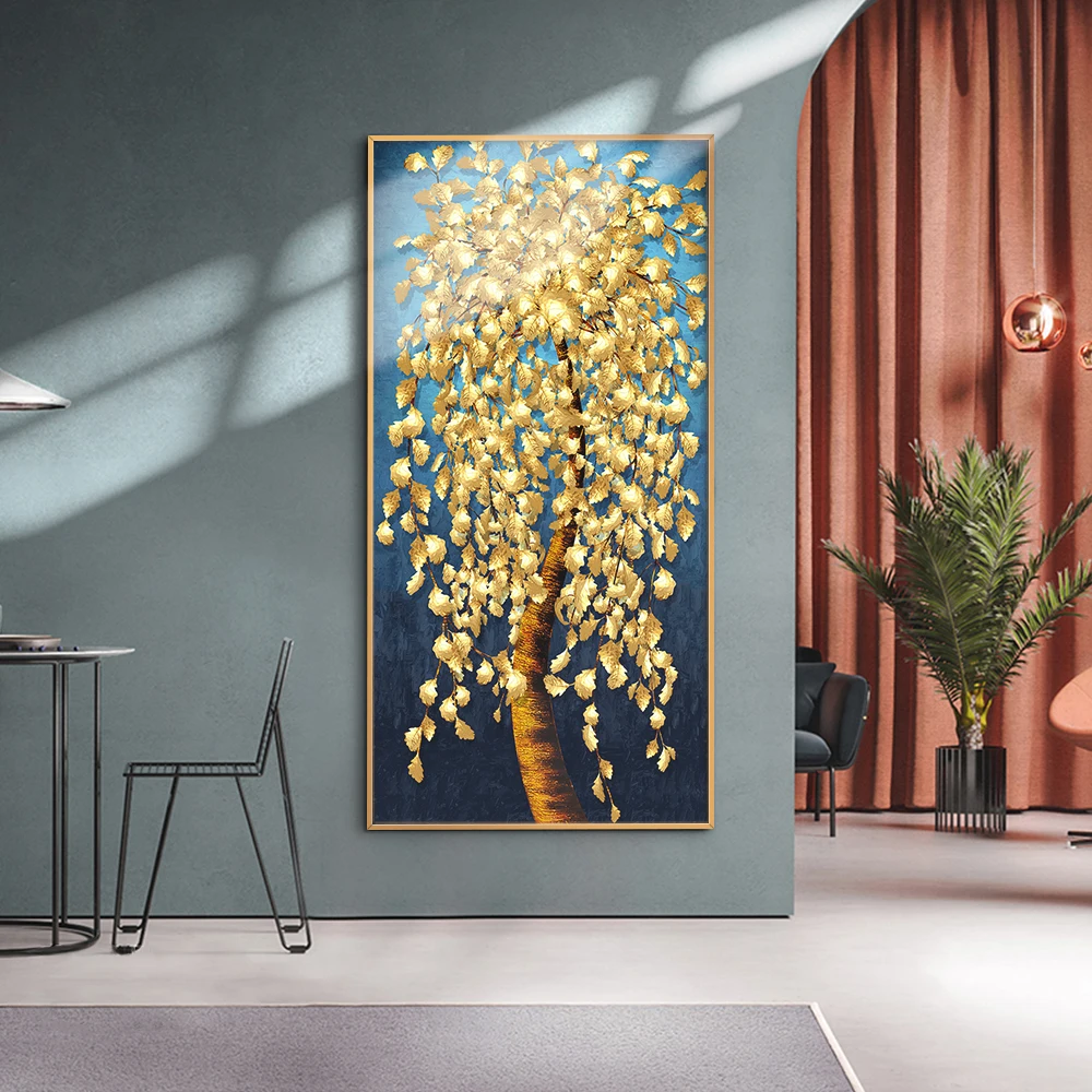 Modern ready to hang picture Wall art deco design gold tree painting with glass