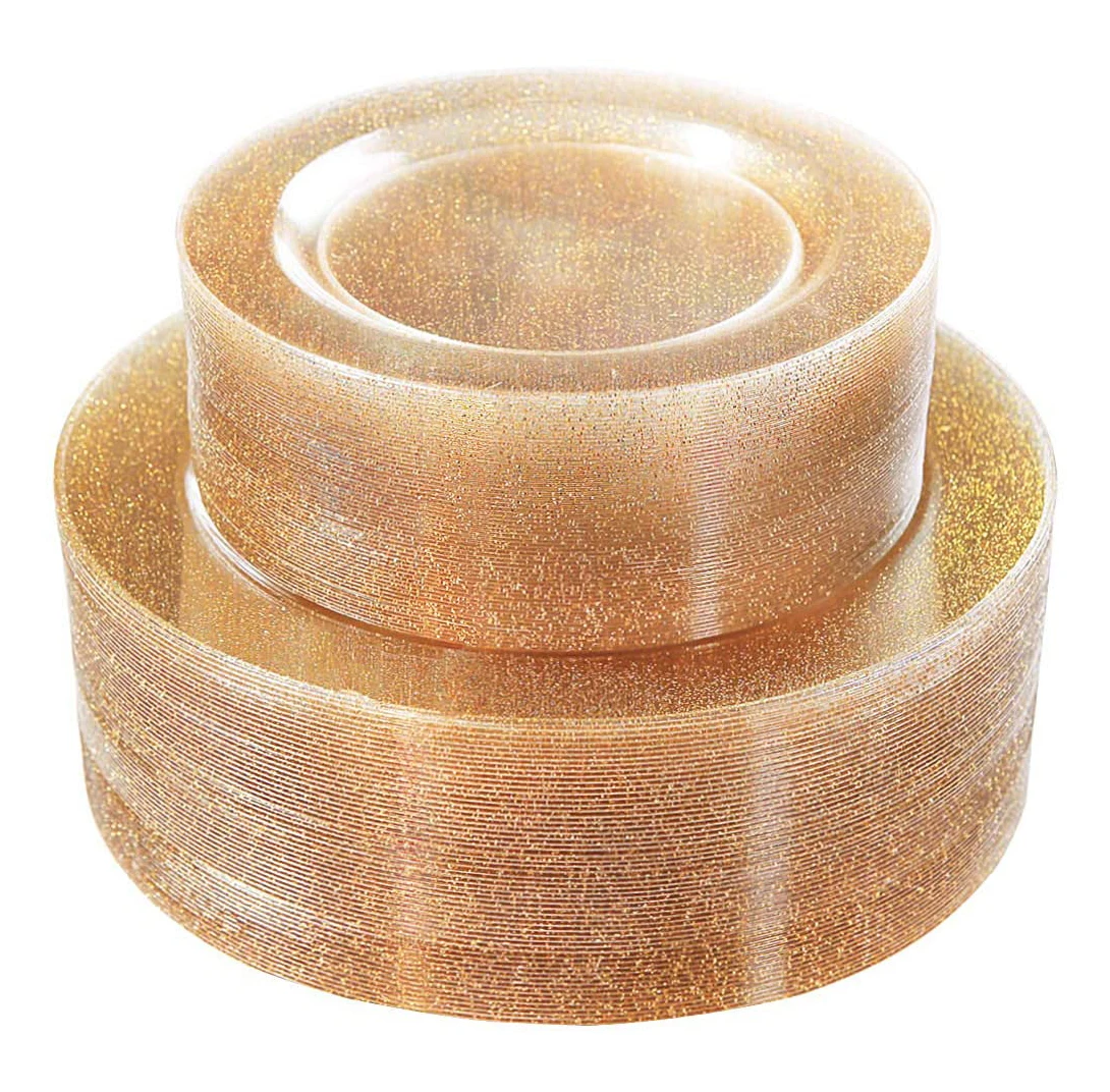 Wholesale Wedding Party Gold Glitter Plate 10.25inch Premium Plastic Disposable Dinner Dessert Plates