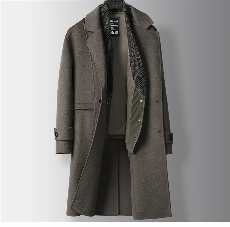 Fall/winter High-end Pure Wool Single Breasted Coat for Men Shawl Collar Goose Down Inner Lining Double-sided Woolen Long Jacket