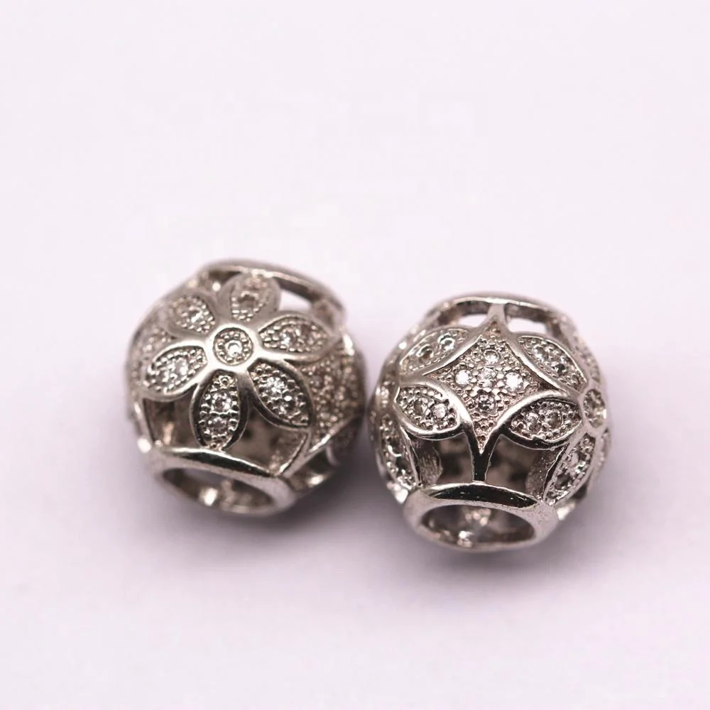 Silver Plated Large Hole Ball Shape Hollow Copper Charm Spacer Beads