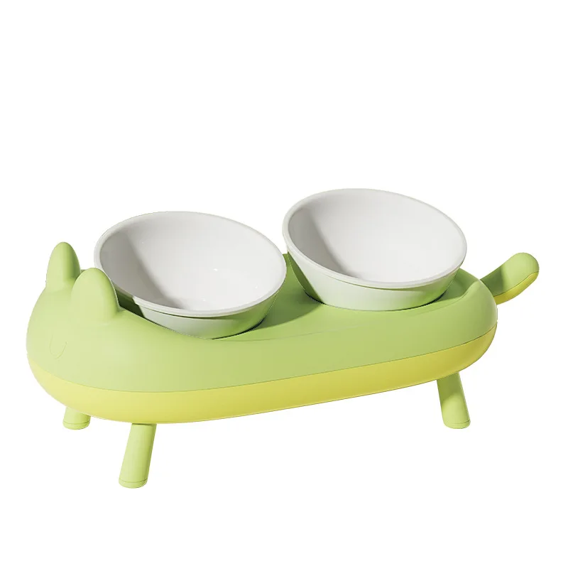 Diagonal high foot anti-upset ceramic double bowl raised cat food bowl porcelain dog food bowl with stand tilted