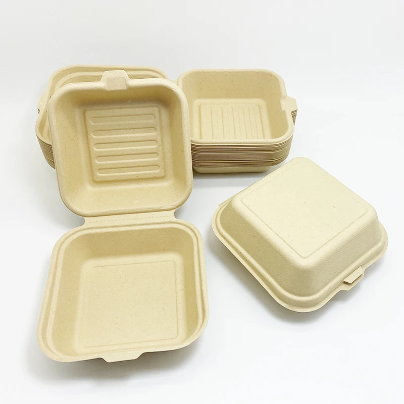 Bamboo fiber Bagasse  6 Inch Clamshell Take Away food Container to go box Burger Hamburger Box Biodegradable Food Packaging
