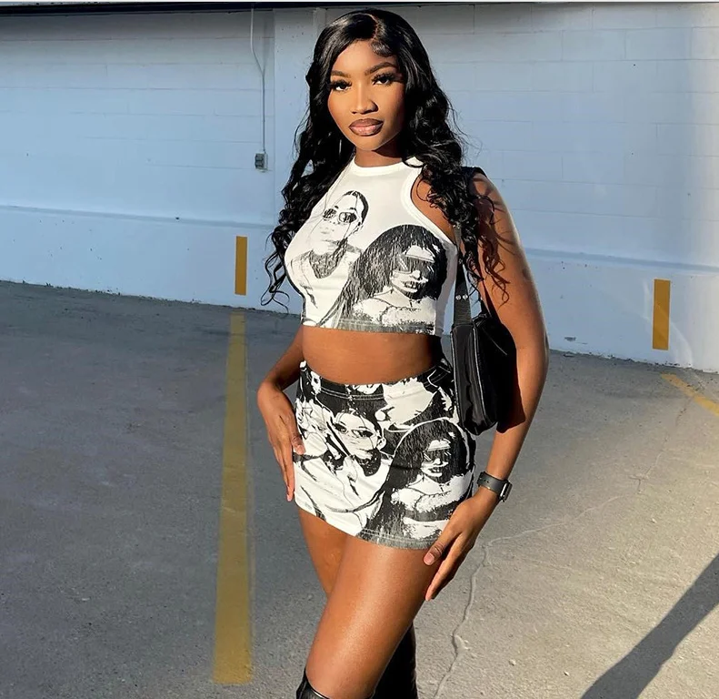 2023 New Pattern Print High Street Style Two Piece Short Sets Summer Package Hip Skirt Sleeveless Vest Women Skirt Two Piece Set