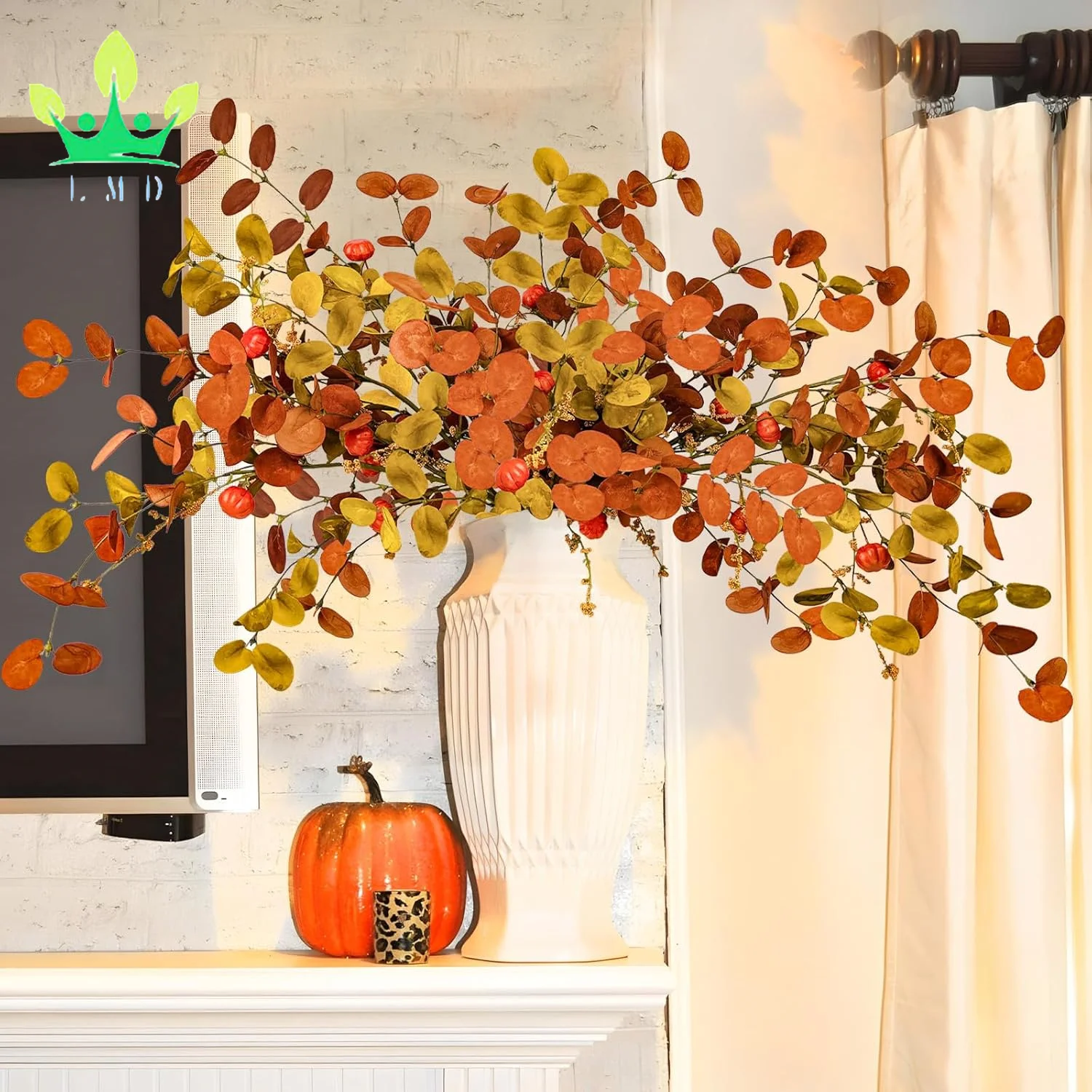 Artificial Fall Eucalyptus Stems Leaves Branches with Orange Pumpkins Long Stems for Home Autumn Flora Thanksgiving Decoration