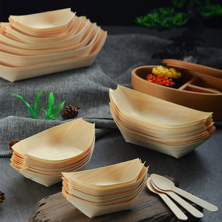 Vitalucks customized logo modern simple 9inch disposable pine birch bamboo japanese wooden sushi serving boat