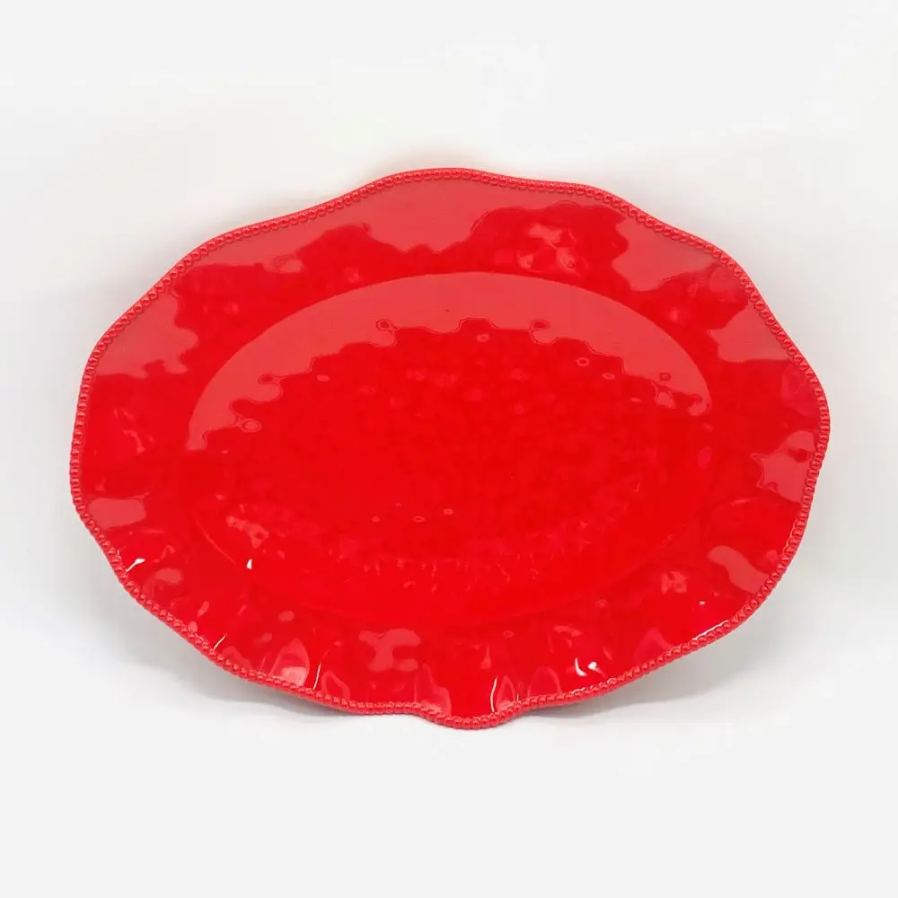 Classic beaded Food Grade Red Melamine Plastic Red Plates Oval Serving Platter Tray