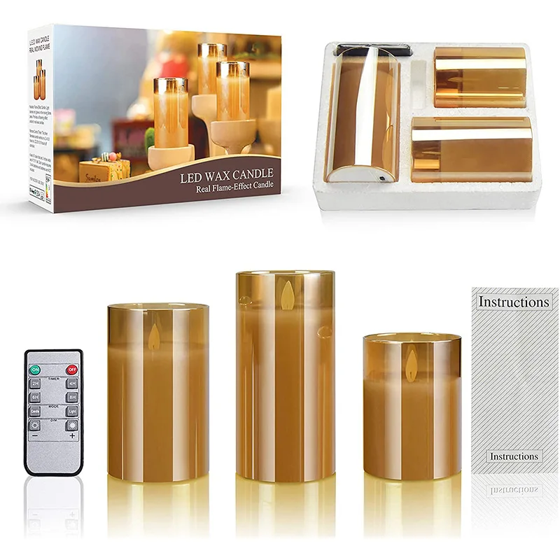 AHMH Wholesale Brown Glass Tube Flicker Light Remote Control Flameless Led Candle With Moving Dancing Flame