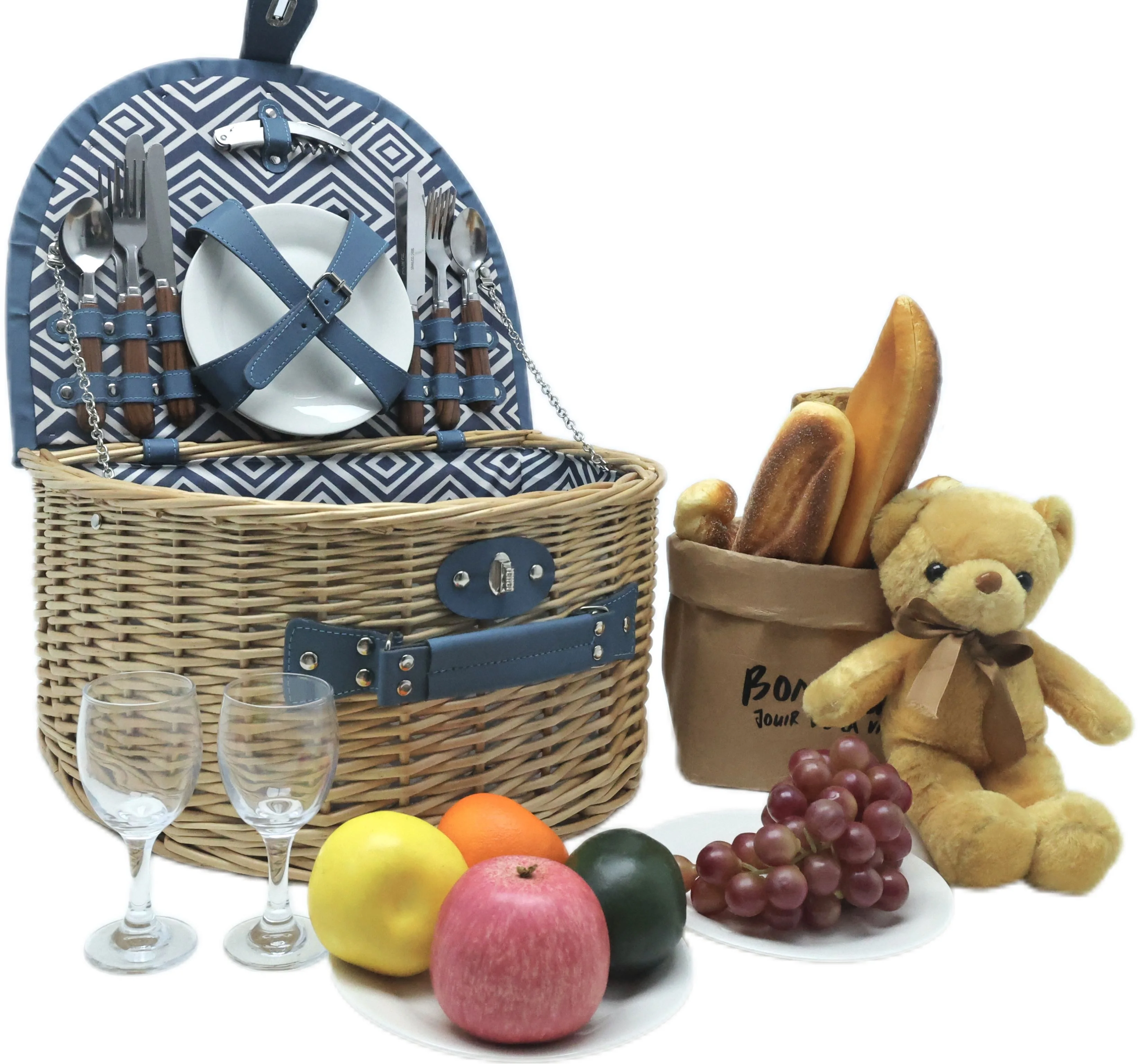 2024 factory new design willow picnic basket half  round shape with cutlery hot sell basket for 4 person Fresh color scheme