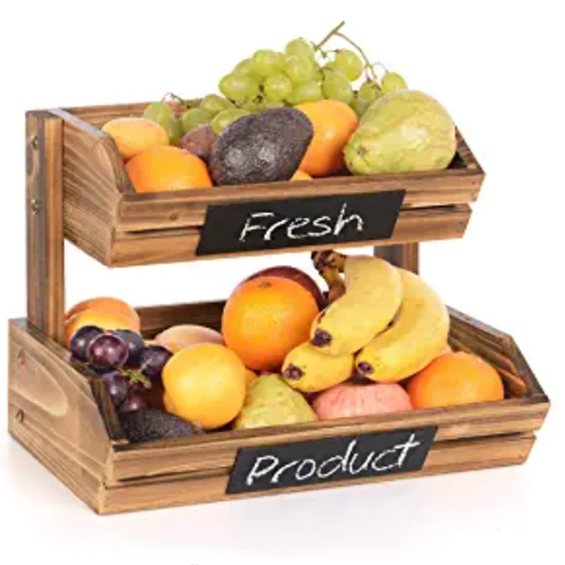 Vegetable Stand Bread Racks 2 Tier Farmhouse Standing Wooden Organizer Rustic Fruit Basket Holder
