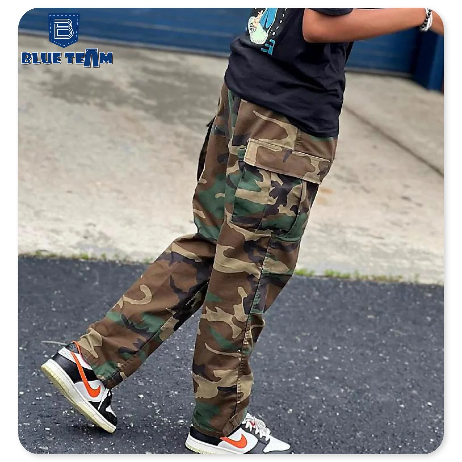 Blue Team | Custom printed embroidery logo classic skate baggy tactical camo cargo pants jogger camouflage pants for men
