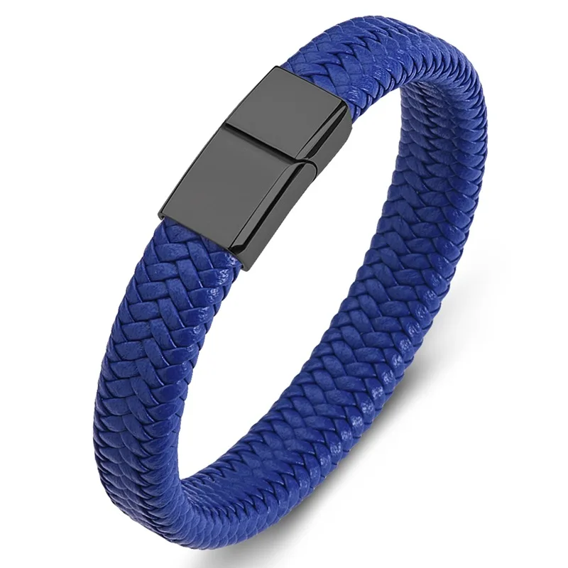 Hot Sale Punk Black Gun Plated Stainless Steel Magnetic Clasp Synthetic Leather Braided Fine Jewelry Bracelets Bangles