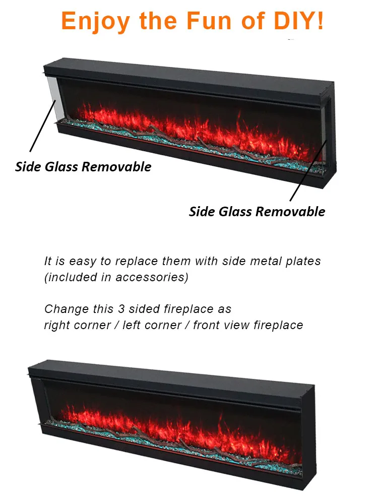 Hot Sales 3 Sided Electric Fireplaces 3D LED Flames Realistic Logs Built In Electric Fires 72inch