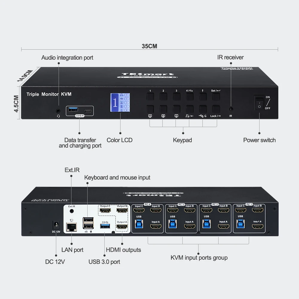 TESmart new 4 in 3 out triple-monitor kvm console switcher mixer video support 3 screen extended display hdmi kvm switch