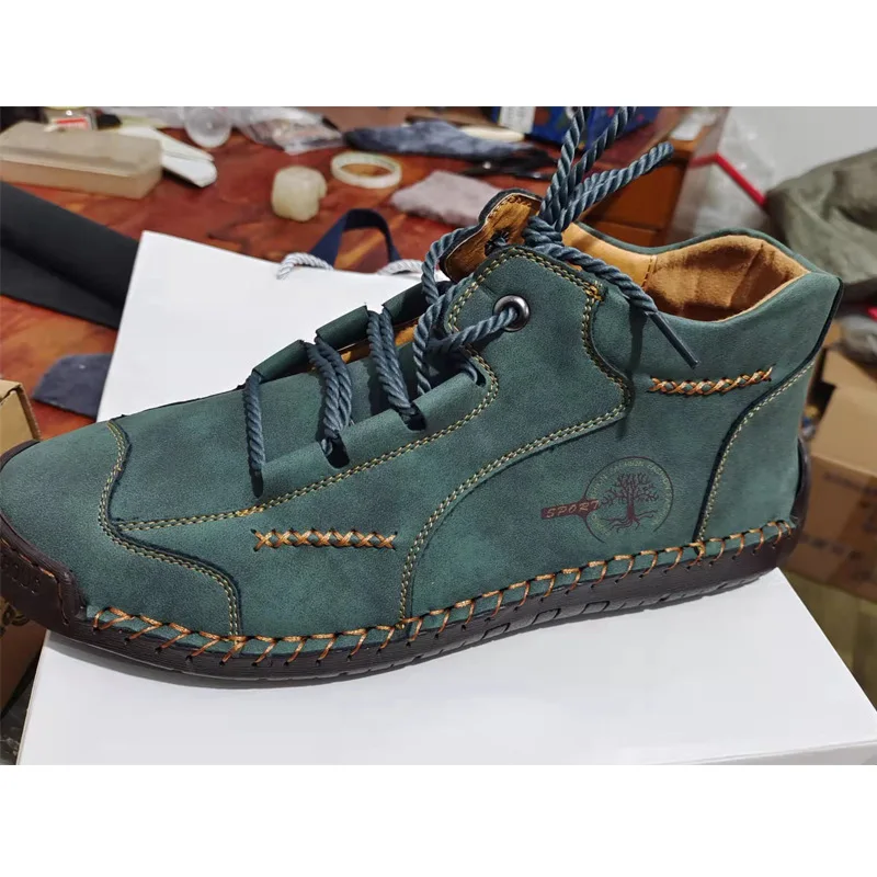 2024 plus size high quality handmade flat casual leather shoes high top tooling boots stitching ankle martin boots for men