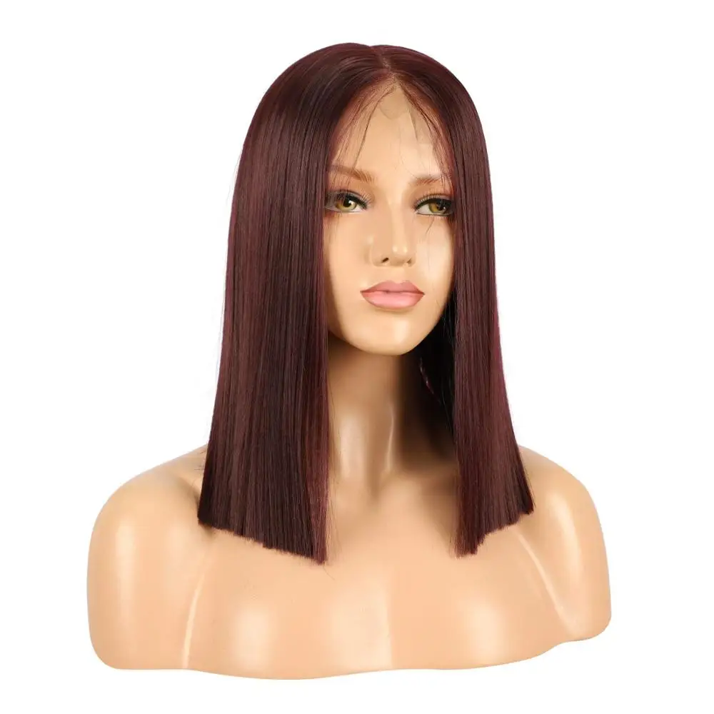 13x6 Wine Red Lace Front Wig, 14 Short Burgundy Bob Wig Silky Straight Middle Part Synthetic Wig for Women, Pre Plucked with Nat