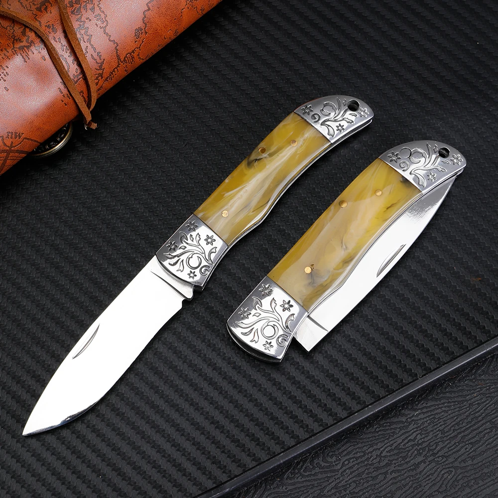 Portable folding knife D2 steel blade outdoor camping knife with stainless steel+resin handle fruit pocket knives