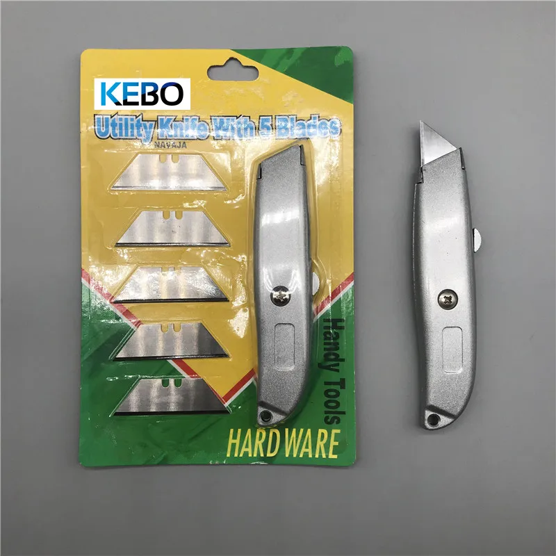 silver zinc alloy safe safety utility cutter knife with SK5 trapezoidal blade