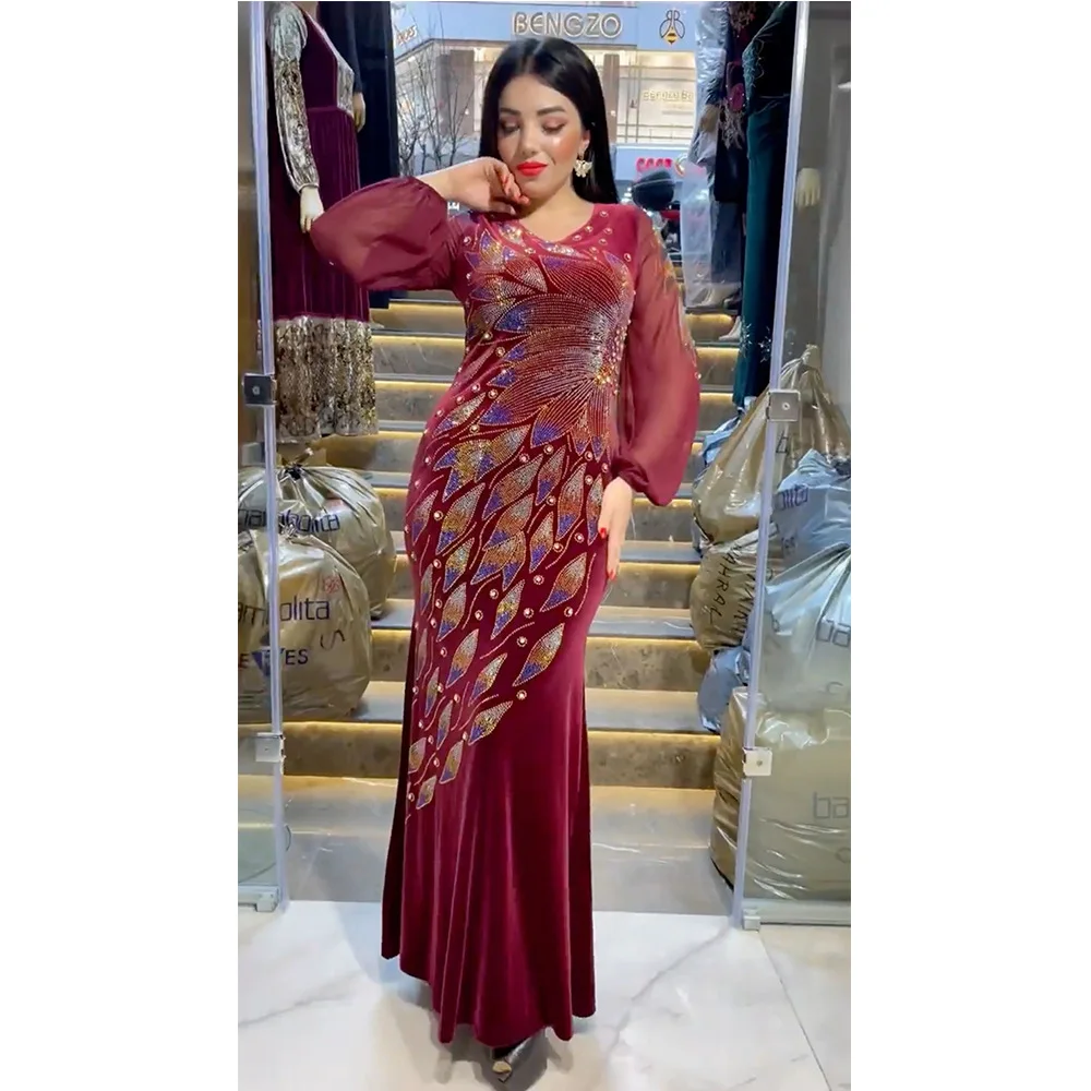 Высококачественное корейское бархатное шифоновое платье с рукавами и стразами стрейч-платье мусульманский женский костюм для вечеринки
