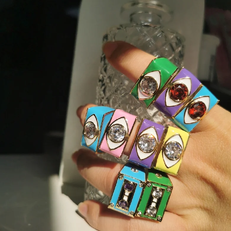 Personalized Y2k Jewelry Women Punk Stack Colorful Enamel Yinyang Cassette Tape Heart Chunky Finger Band Rings Brass Opp Bag