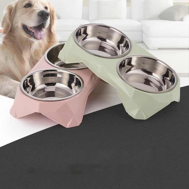 New Candy Color Diamond Thicken Pet Bowl Cartoon Double Pet Bowl Stainless Pet Feeder Bowl
