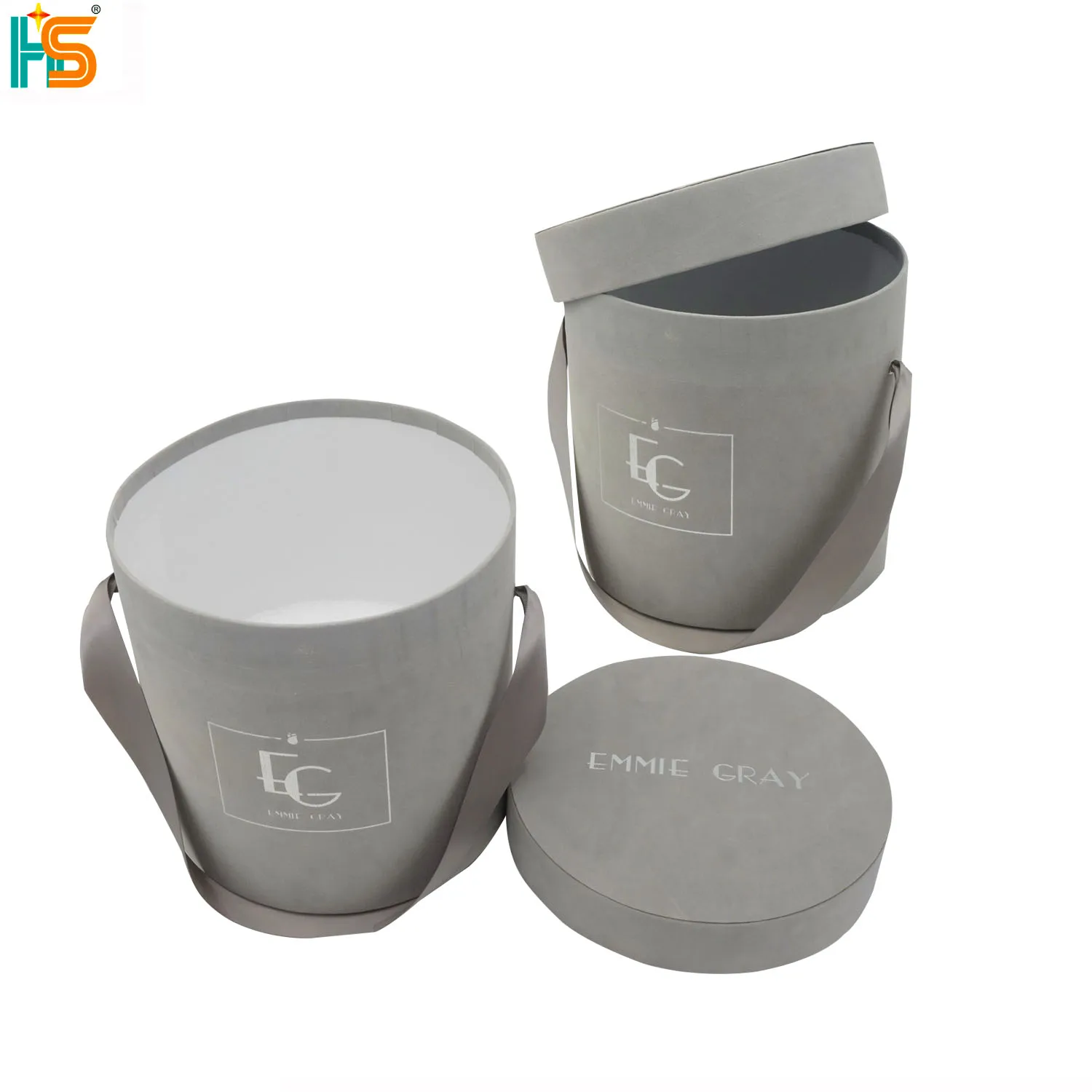 Custom Logo Ribbon Handle Grey Tube Paper Flower Gift Packaging Luxury Velvet Round Hat Boxes
