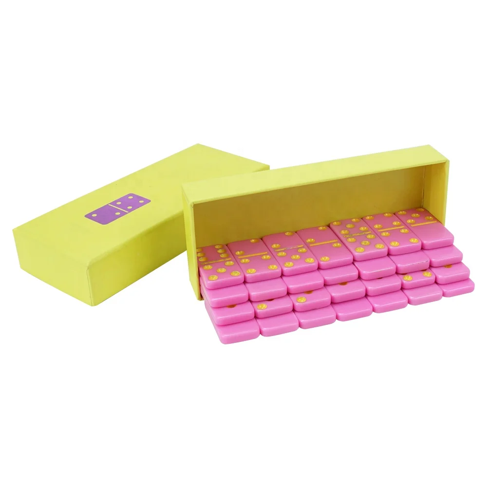 Professional custom pink double 6 domino set yellow dot 28pcs with colour paper box 4006 dominoes set for table game