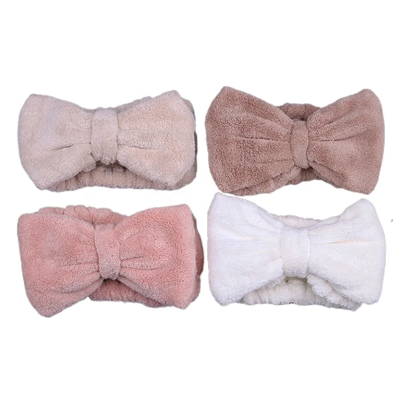 Custom Women Softness Ladies Bathroom Skin Care Head Hair Band Coral Fleece Face Wash Ladies Spa Headband With Bow