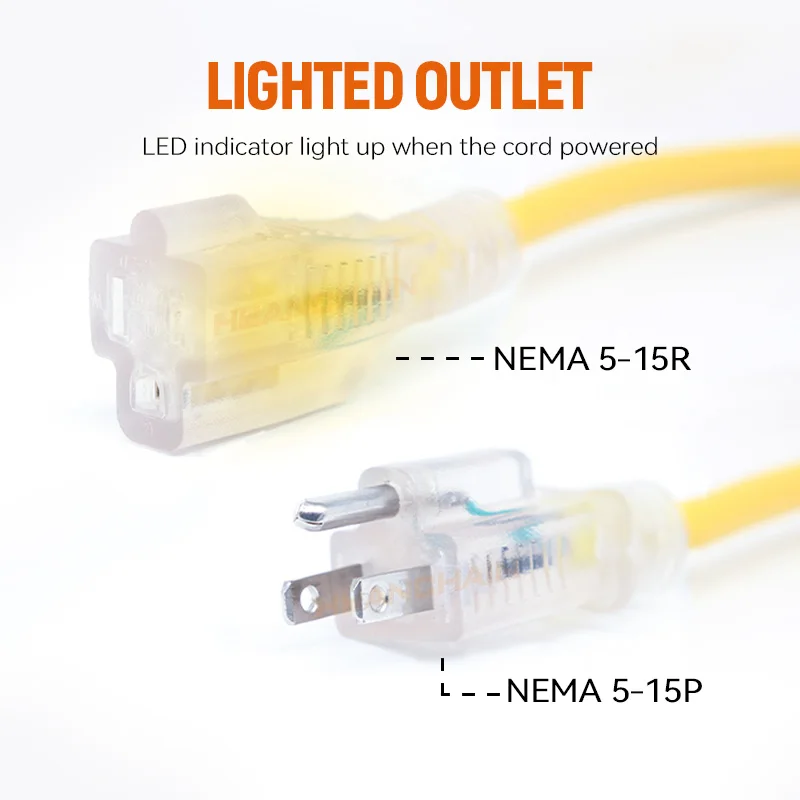 USA  Outdoor Extension Cord 25 Ft 12 gauge 3 prong Heavy Duty SJTW Cord Yellow lighted