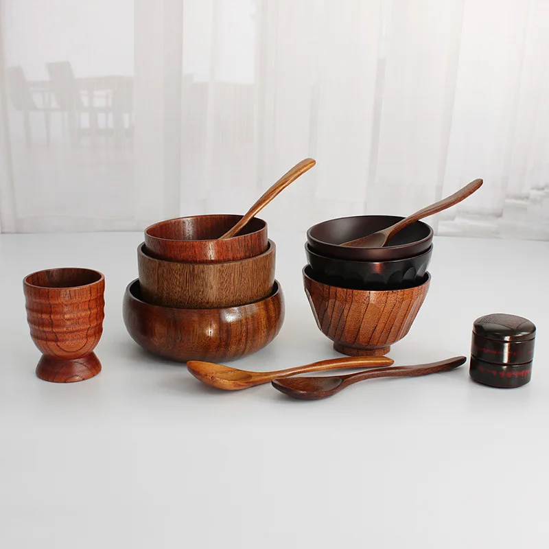 Eco Friendly Custom Logo Japanese Jujube Wooden Large Soup Bowl Noodle Ramen Bowl Wood Tableware Bowl Cup Spoon Set