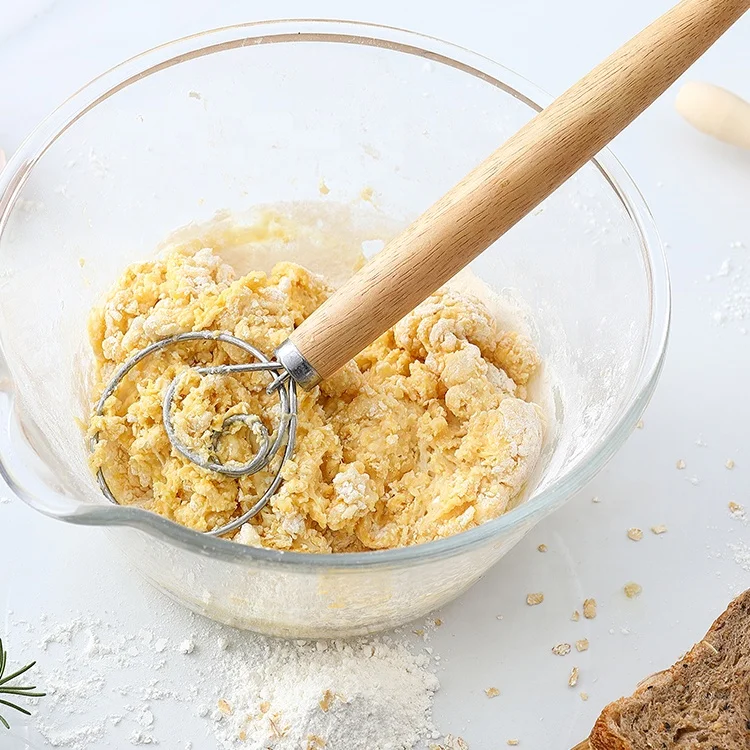 Wholesale wooden handle kitchen baking stainless steel 13 inch bread raw dough whisk mixer