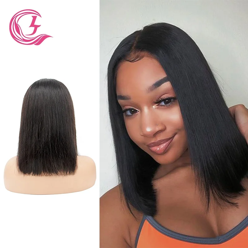 Clj Wholesale Cheveux Raw Bouncy Transparent Bobo Lace Closure Brazilian Black 4X4 14 Inch Silk Straight Wig For Woman