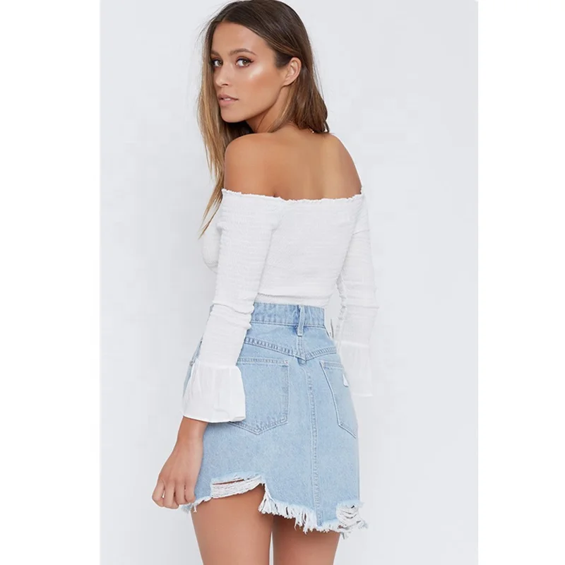 A-Line Jeans Skirt Short Ladies High Waist Casual Ripped Denim Skirt Women