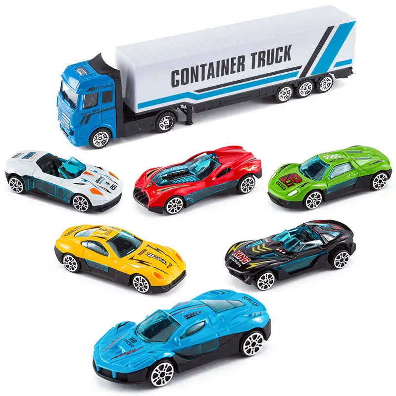 Diecast Model Vehicle Toy 7 Pcs Alloy Inertial Truck Racing Car Container Semi Trailer Toys Set For Kids Interactive Game