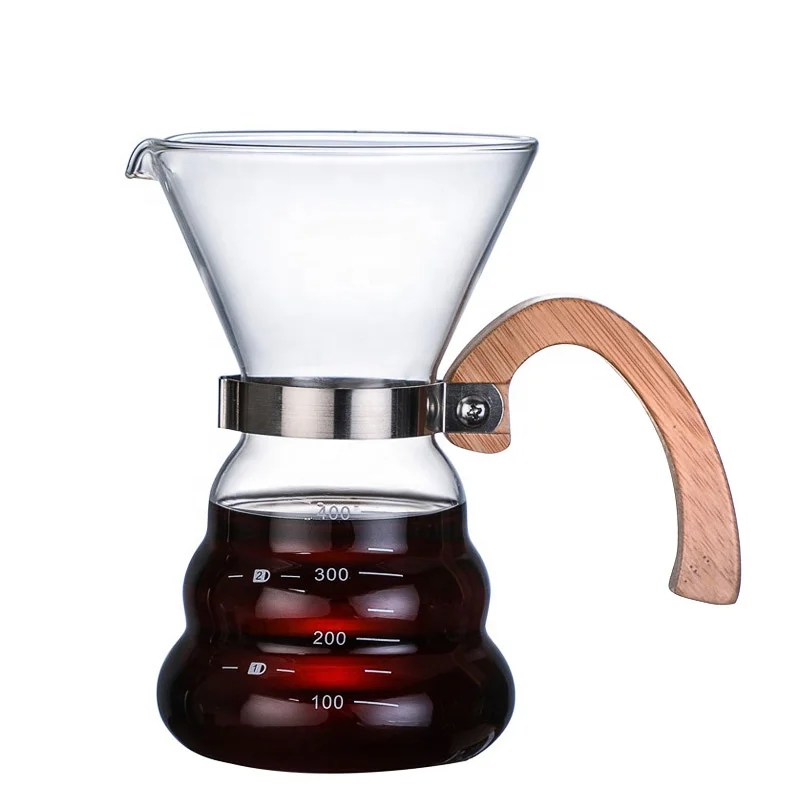 Hot Sale Coffee Glass Pot Coffee Drip Pot Borosilicate 2 cup 4 cup coffee pot With Wooden Handle And Stainless Steel Filter