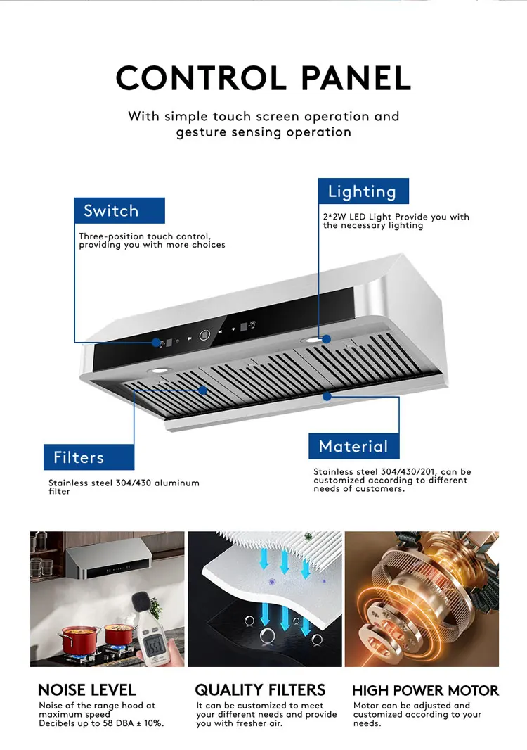 Modern Design Switch Control Kitchen Exhaust Slim Cooker Hood Aire Range Hood Inserts Filter for Kitchen Hood