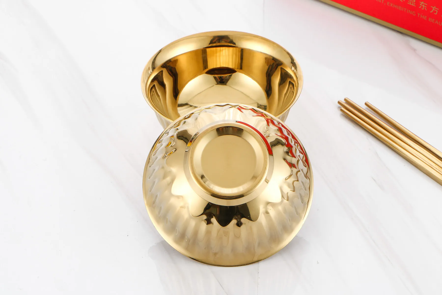 Ready to ship golden stainless steel  bowls set with chopsticks
