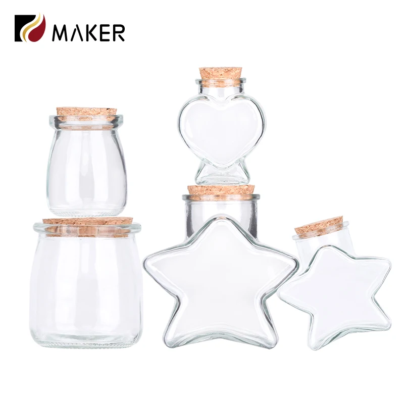 Wholesale Heart Star Shaped Glass Storage Wishing Jar Candy Favor Bottle With Cork Wooden Stopper For Decor Diy Gift Home Party
