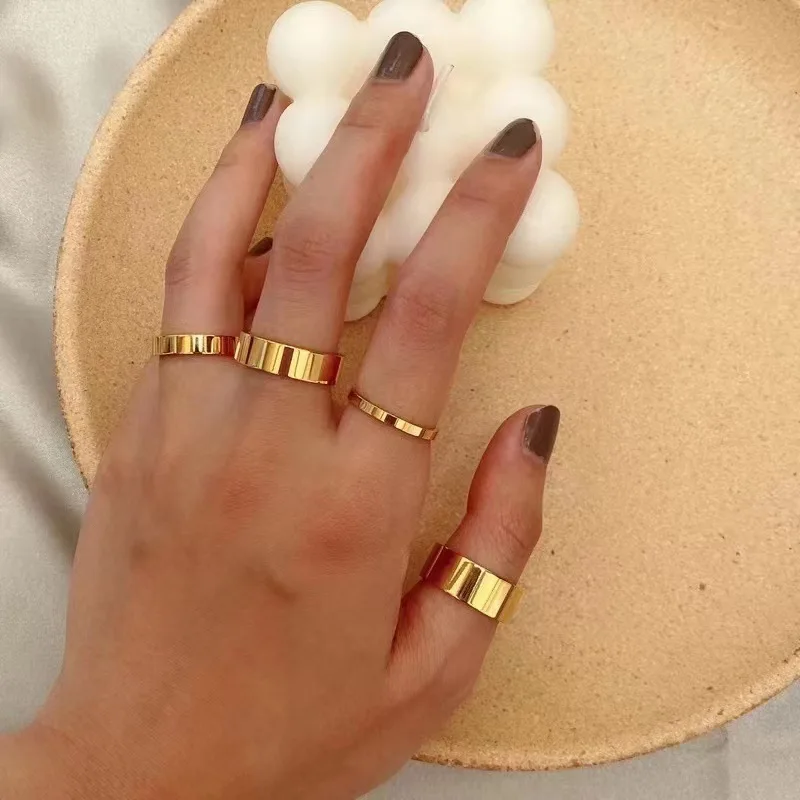 Minimalist Engraved Flat Band rings gold 18k rings jewelry women plated Non Tarnish Wide Thick Cigar Stacking Ring