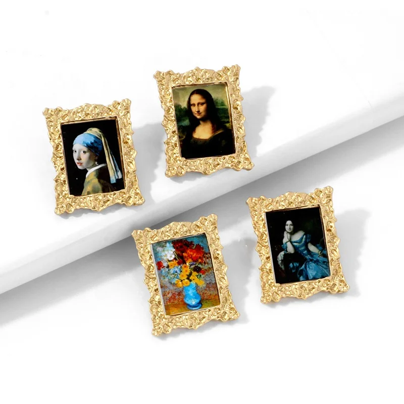
French Vintage Famous Oil Paintings Big Statement Stud Earrings Photo Frame Metal Gold Jewelry For Women 2020 